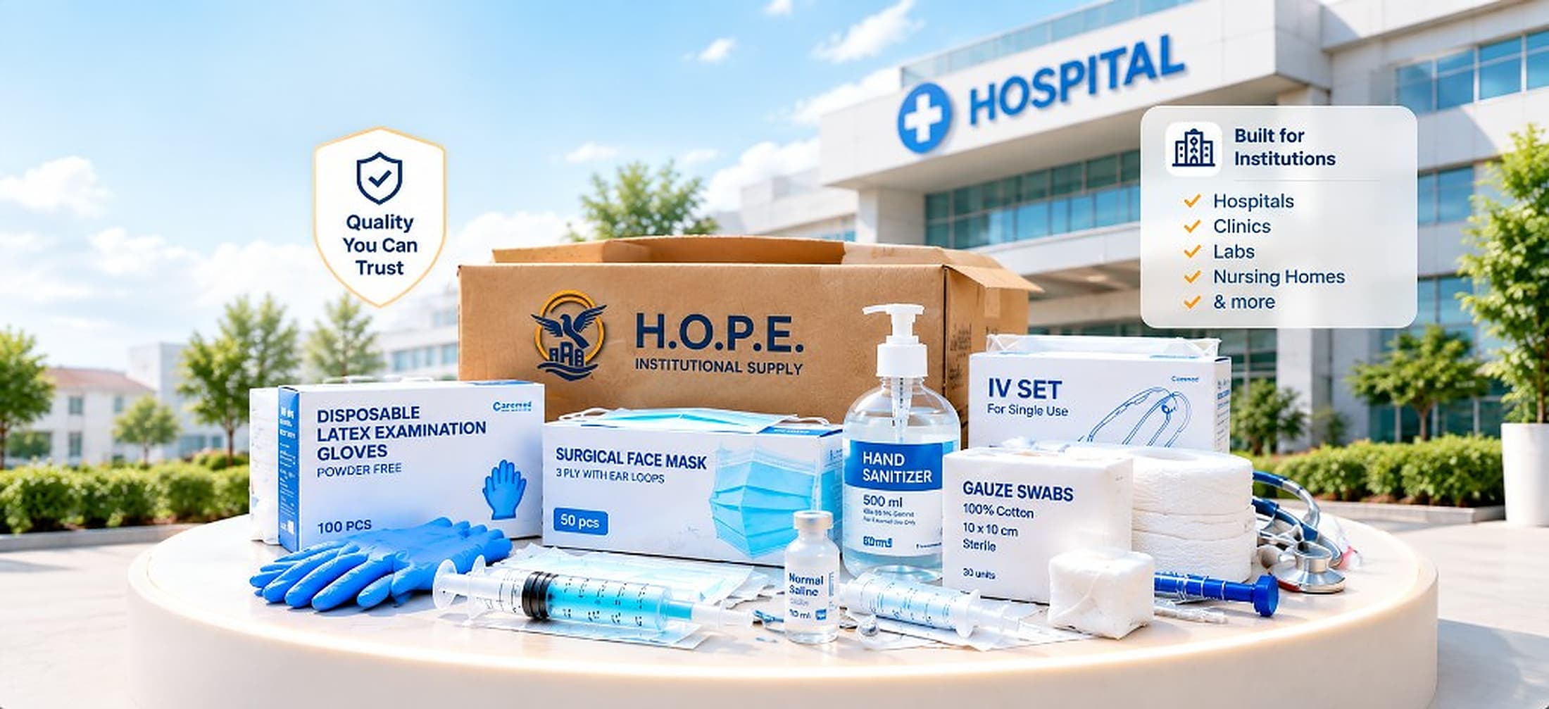 H.O.P.E. institutional supply — daily requirement medical consumables for hospitals, clinics, labs and nursing homes